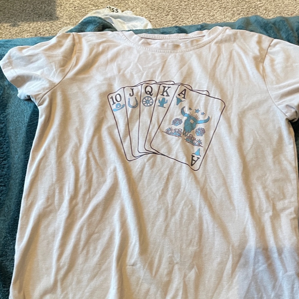 SHEIN White Tee with Blue Playing Cards Design